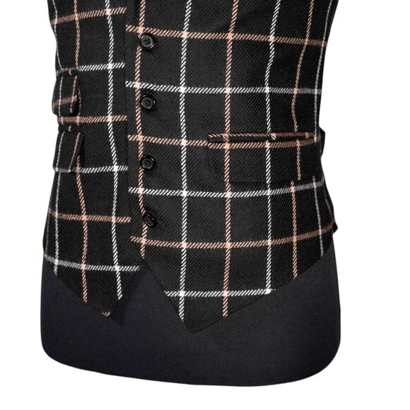 Mens Waistcoat Suit Lapel Vest 40R Black Beige Plaid Check Wool Formal Wedding - Picture 7 of 9